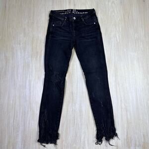 Zara Black Distressed Ripped Spike Stud Frayed Hem Mid Rise Skinny Jeans 2